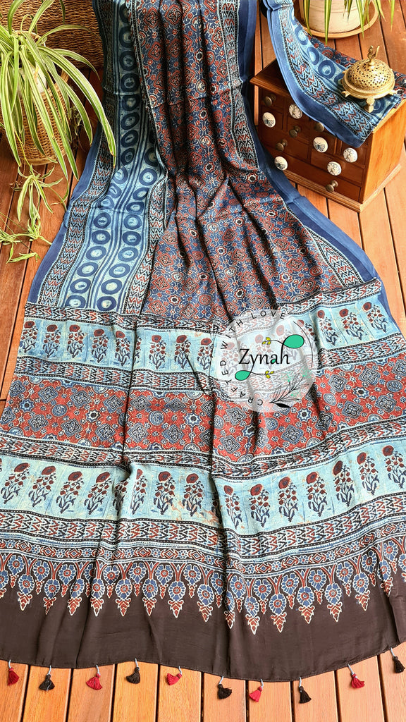 Zynah Pure Modal Silk Ajrakh Saree with Handblock Prints; Custom Stitched/Ready-made Blouse, Fall, Petticoat; Shipping available USA, Worldwide