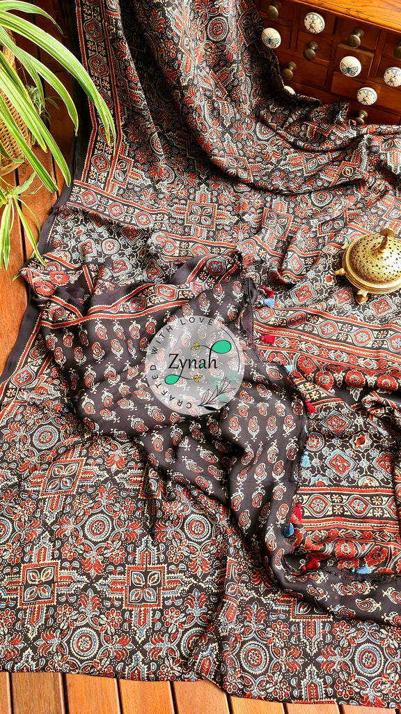 Zynah Pure Modal Silk Ajrakh Saree with Handblock Prints; Custom Stitched/Ready-made Blouse, Fall, Petticoat; Shipping available USA, Worldwide