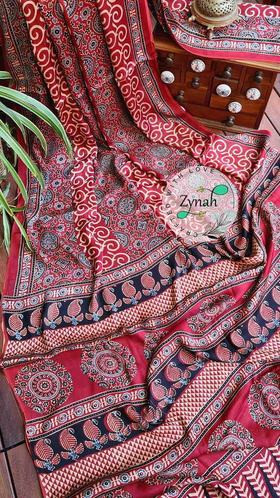 Zynah Pure Modal Silk Ajrakh Saree with Handblock Prints; Custom Stitched/Ready-made Blouse, Fall, Petticoat; Shipping available USA, Worldwide