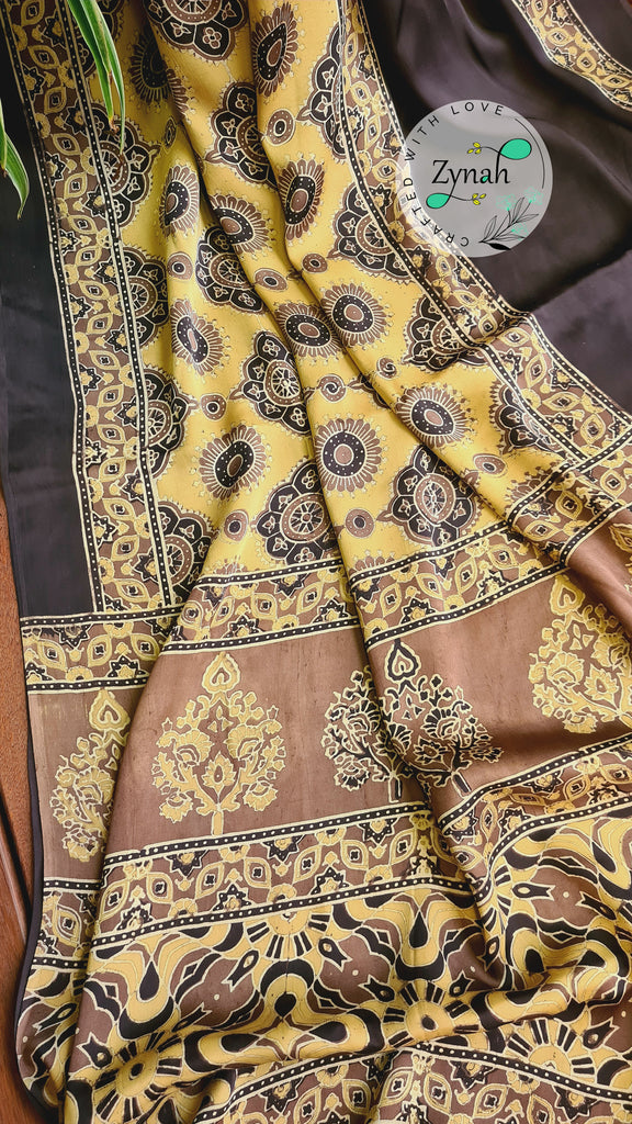 Zynah Pure Modal Silk Ajrakh Saree with Handblock Prints; Custom Stitched/Ready-made Blouse, Fall, Petticoat; Shipping available USA, Worldwide