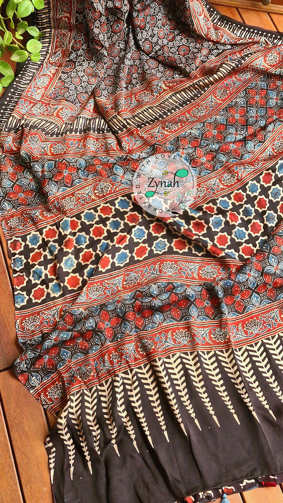 Zynah Pure Modal Silk Ajrakh Saree with Handblock Prints; Custom Stitched/Ready-made Blouse, Fall, Petticoat; Shipping available USA, Worldwide