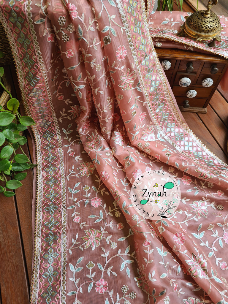 Zynah Pure Organza Silk Saree with Gotapatti Lace, Foil & Thread Embroidery Work; Custom Stitched/Ready-made Blouse, Fall, Petticoat; Shipping available USA, Worldwide