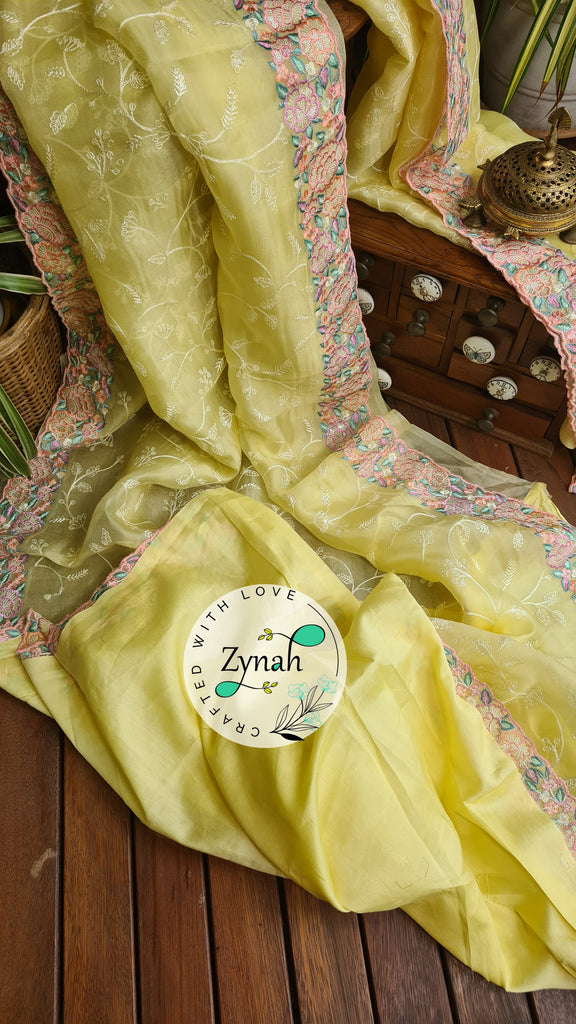 Zynah Pure Organza Silk Saree with Scalloped Border, Thread Embroidery & Sequence Work; Custom Stitched/Ready-made Blouse, Fall, Petticoat; Shipping available USA, Worldwide