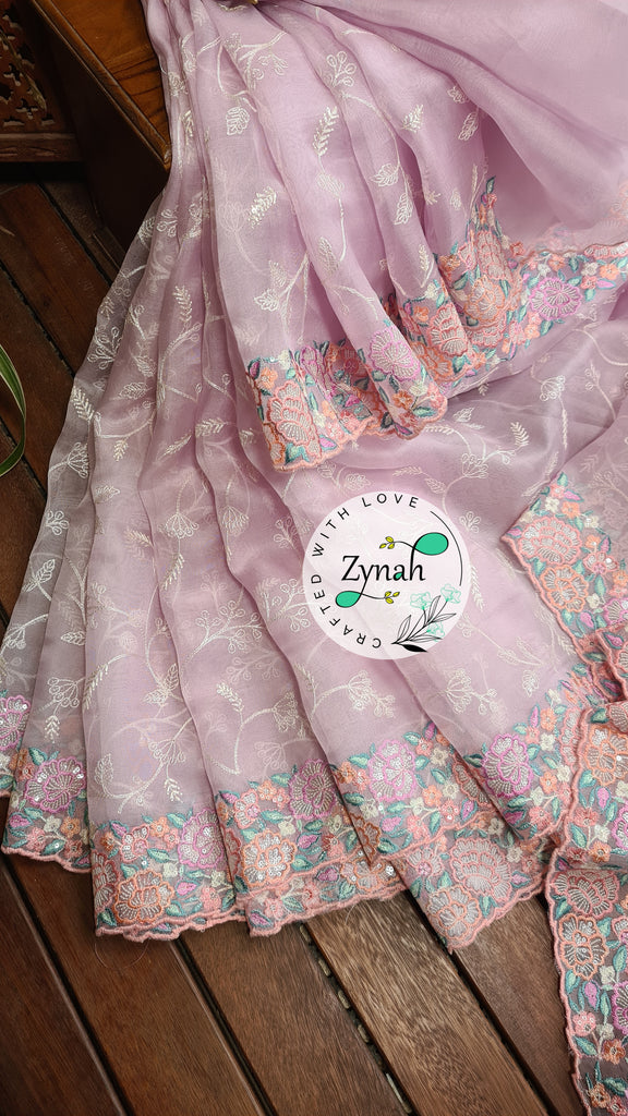 Zynah Pure Organza Silk Saree with Scalloped Border, Thread Embroidery & Sequence Work; Custom Stitched/Ready-made Blouse, Fall, Petticoat; Shipping available USA, Worldwide