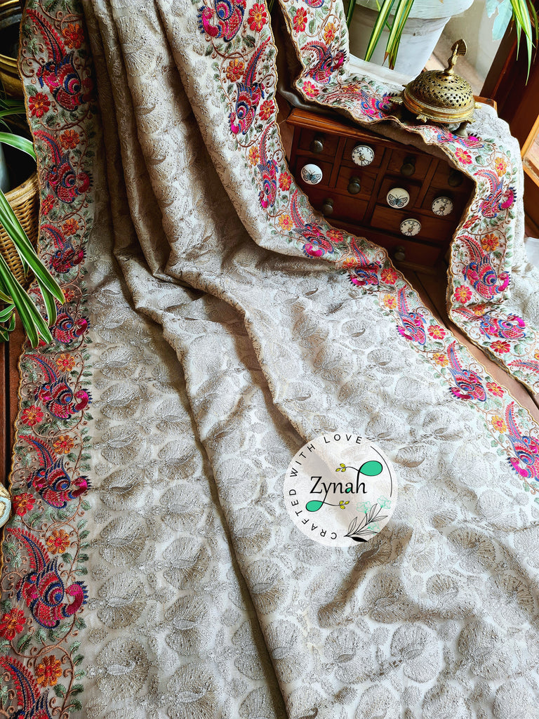 Zynah Designer Pure Kora Silk Saree with Scalloped Border & Thread Embroidery; Custom Stitched/Ready-made Blouse, Fall, Petticoat; Shipping available USA, Worldwide