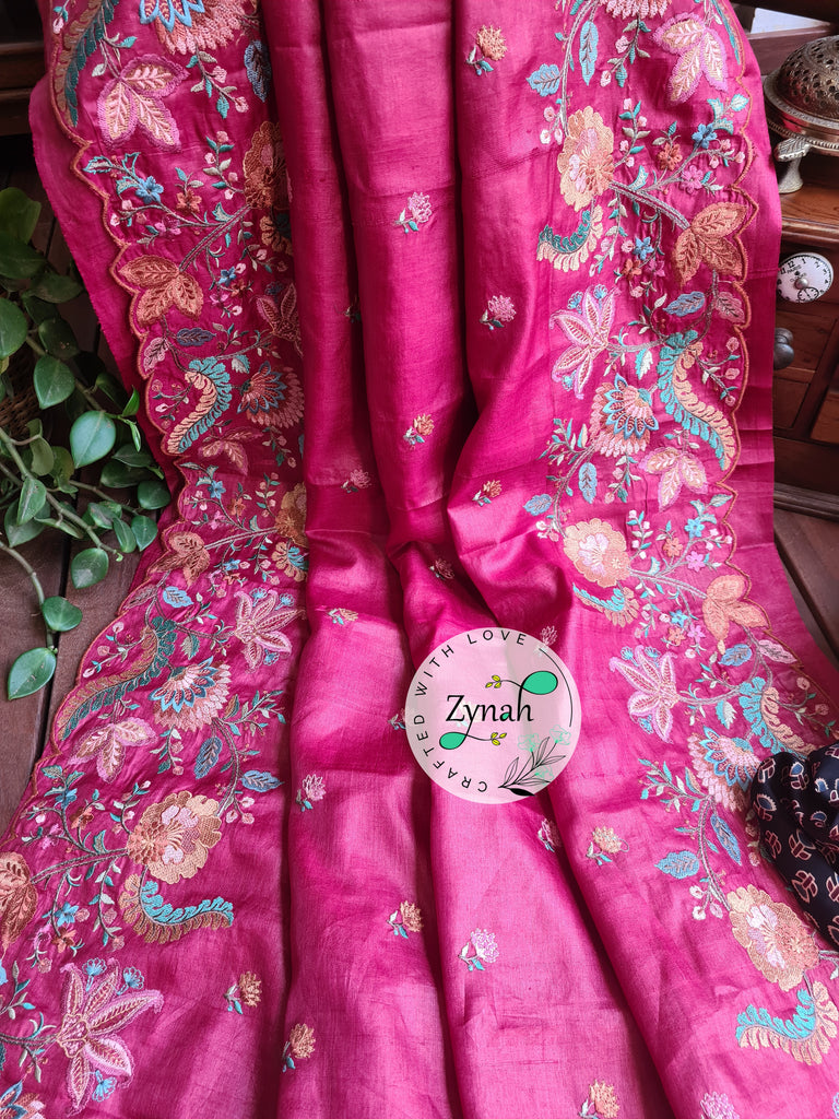 Zynah Pure Tussar Silk Embroidered Saree with Scalloped Border & 2 blouse pieces; Custom Stitched/Ready-made Blouse, Fall, Petticoat; Shipping available USA, Worldwide