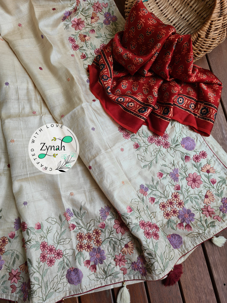 Zynah Pure Tussar Silk Embroidered Saree with 2 blouse pieces; Custom Stitched/Ready-made Blouse, Fall, Petticoat; Shipping available USA, Worldwide
