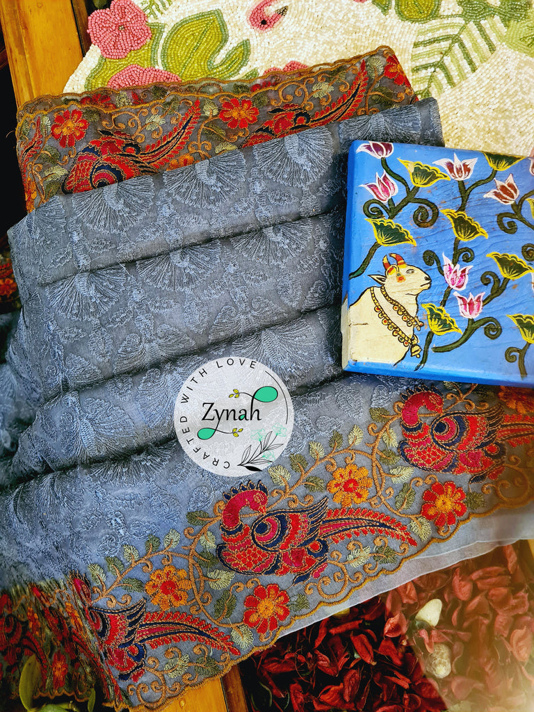 Zynah Designer Pure Kora Silk Saree with Scalloped Border & Thread Embroidery; Custom Stitched/Ready-made Blouse, Fall, Petticoat; Shipping available USA, Worldwide