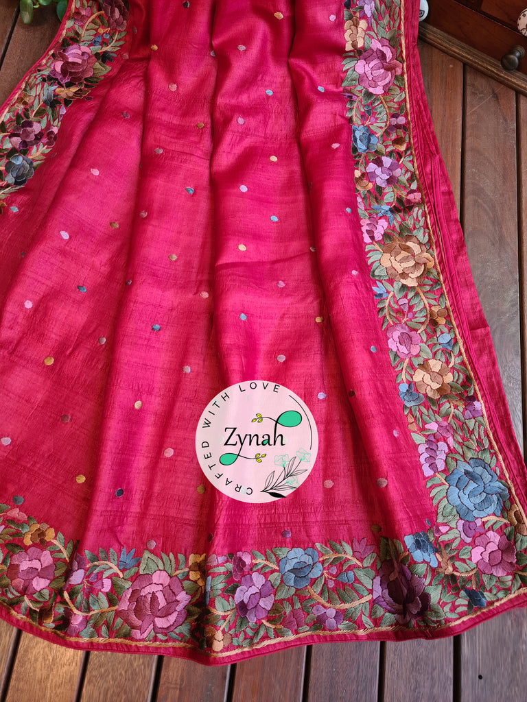 Zynah Made to Order Pure Tussar Silk Parsi Gara Handcrafted Saree; Custom Stitched/Ready-made Blouse, Fall, Petticoat; Shipping available USA, Worldwide