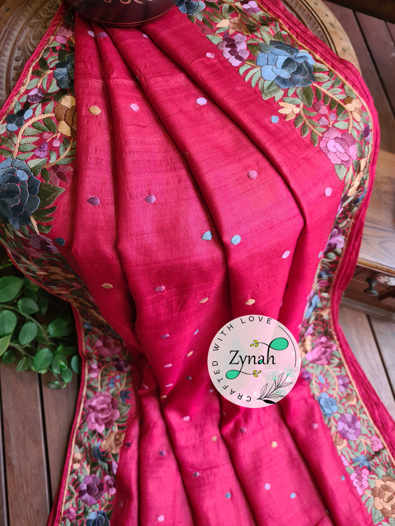 Zynah Made to Order Pure Tussar Silk Parsi Gara Handcrafted Saree; Custom Stitched/Ready-made Blouse, Fall, Petticoat; Shipping available USA, Worldwide