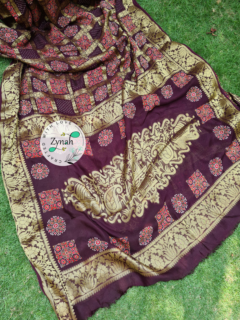 Zynah Pure Munga Silk Saree with Ajrakh Prints & Gharchola Zari Weave; Custom Stitched/Ready-made Blouse, Fall, Petticoat; Shipping available USA, Worldwide