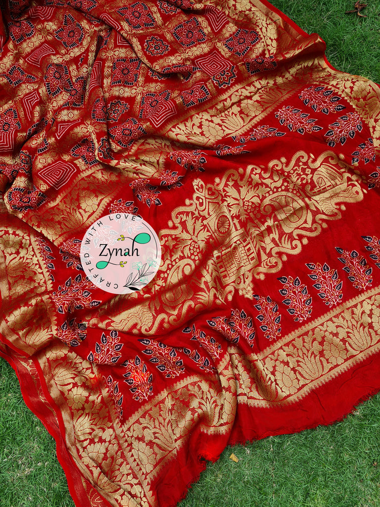 Zynah Pure Munga Silk Saree with Ajrakh Prints & Gharchola Zari Weave; Custom Stitched/Ready-made Blouse, Fall, Petticoat; Shipping available USA, Worldwide