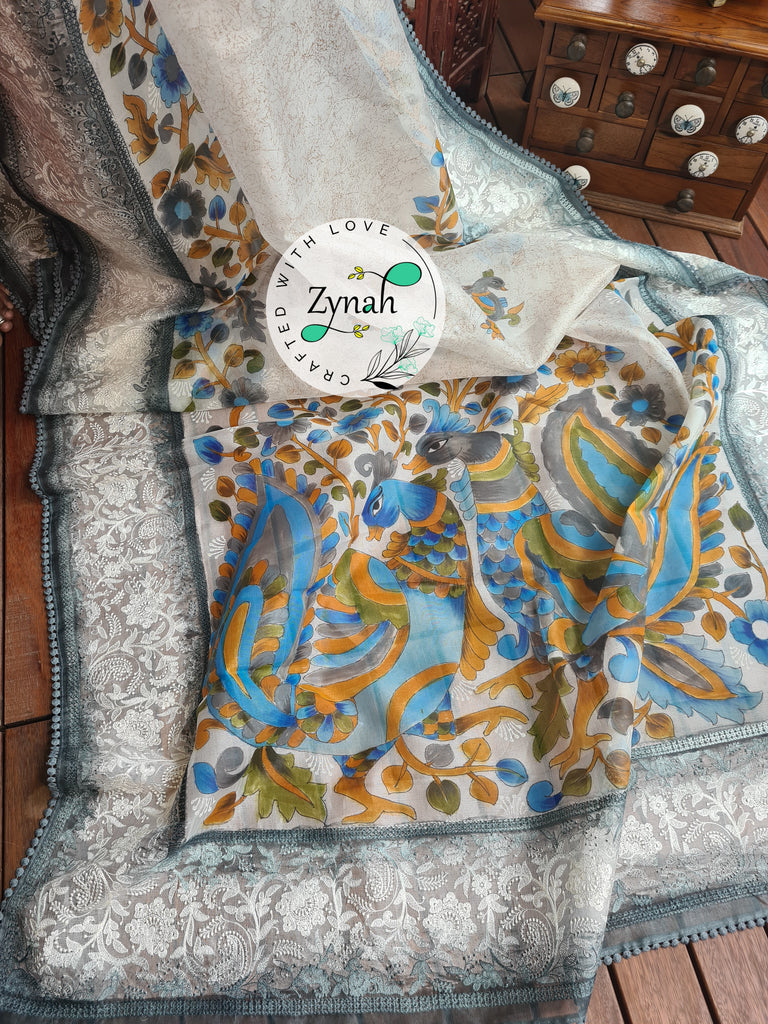 Zynah Premium Quality Pure Kora Silk Saree with Hand-painted Kalamkari Designs, Chikankari Embroidery; Custom Stitched/Ready-made Blouse, Fall, Petticoat; Shipping available USA, Worldwide