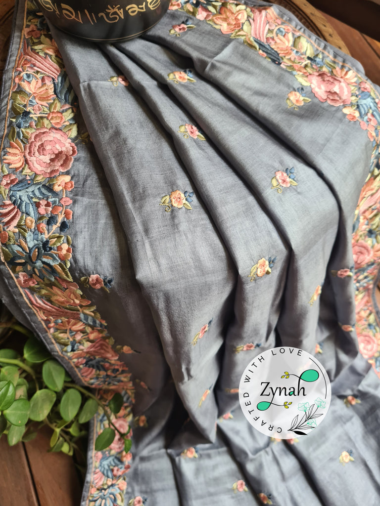 Zynah Grey Color Pure Handwoven Tussar Silk Parsi Gara Inspired Resham Thread Embroidery Saree; Custom Stitched/Ready-made Blouse, Fall, Petticoat; Shipping available USA, Worldwide