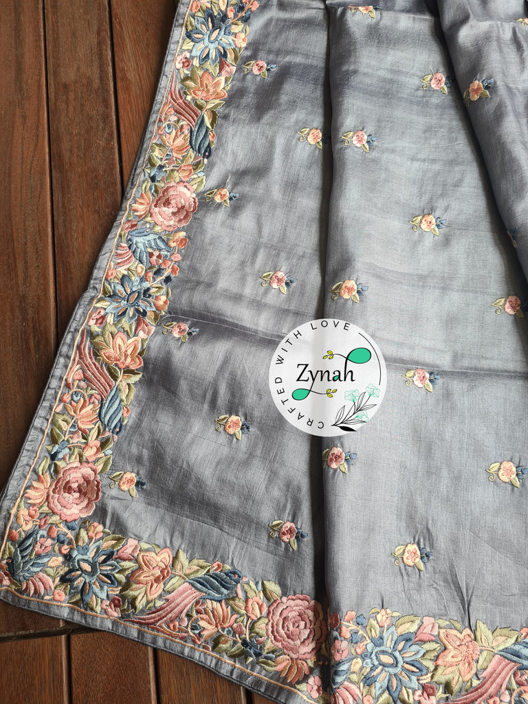 Zynah Grey Color Pure Handwoven Tussar Silk Parsi Gara Inspired Resham Thread Embroidery Saree; Custom Stitched/Ready-made Blouse, Fall, Petticoat; Shipping available USA, Worldwide