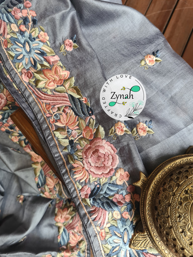 Zynah Grey Color Pure Handwoven Tussar Silk Parsi Gara Inspired Resham Thread Embroidery Saree; Custom Stitched/Ready-made Blouse, Fall, Petticoat; Shipping available USA, Worldwide