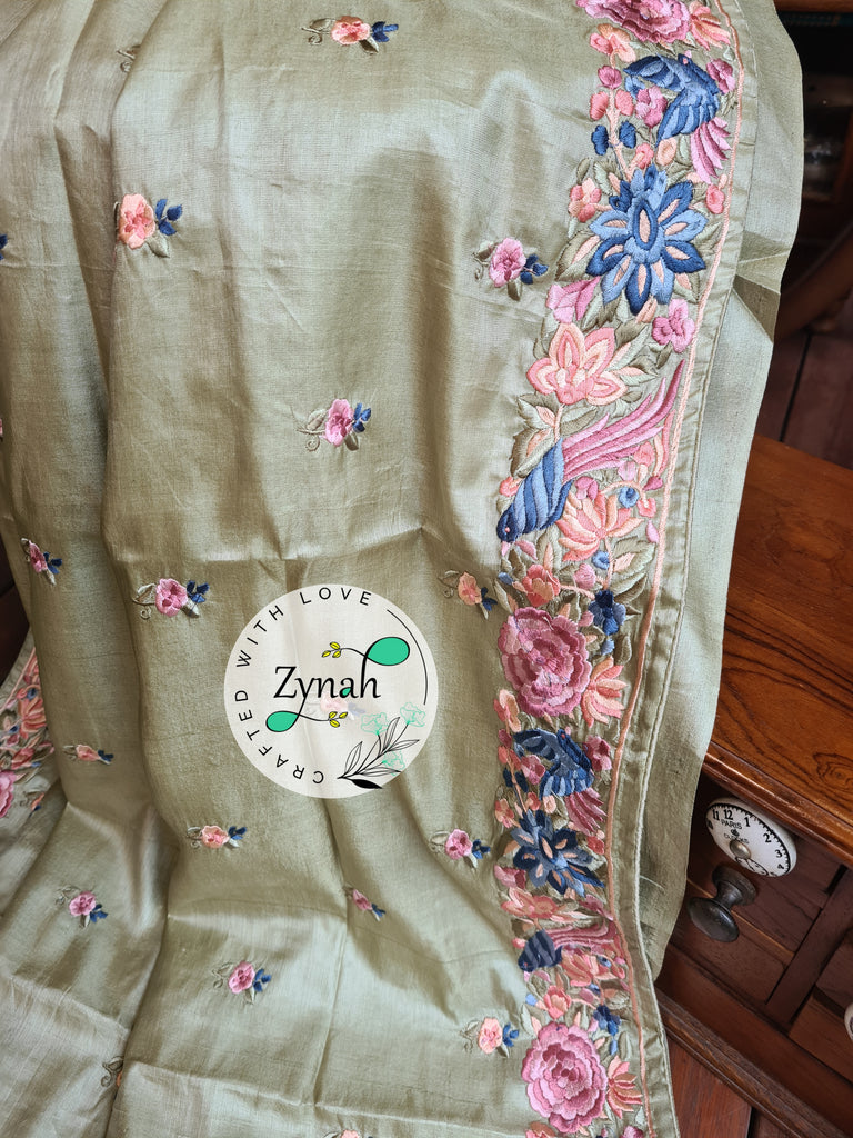 Zynah Pista Green Color Pure Handwoven Tussar Silk Parsi Gara Inspired Resham Thread Embroidery Saree; Custom Stitched/Ready-made Blouse, Fall, Petticoat; Shipping available USA, Worldwide
