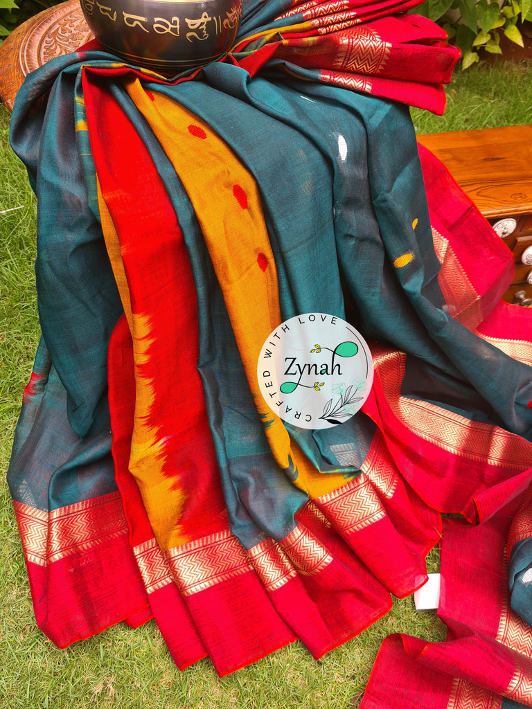 Zynah Green & Red Color Pure Handspun Cotton Saree with Zari Weave Border; Custom Stitched/Ready-made Blouse, Fall, Petticoat; Shipping available USA, Worldwide