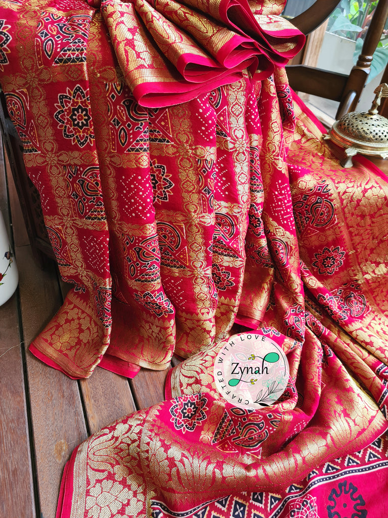 Zynah Pure Munga Silk Saree with Ajrakh Prints & Gharchola Zari Weave; Custom Stitched/Ready-made Blouse, Fall, Petticoat; Shipping available USA, Worldwide