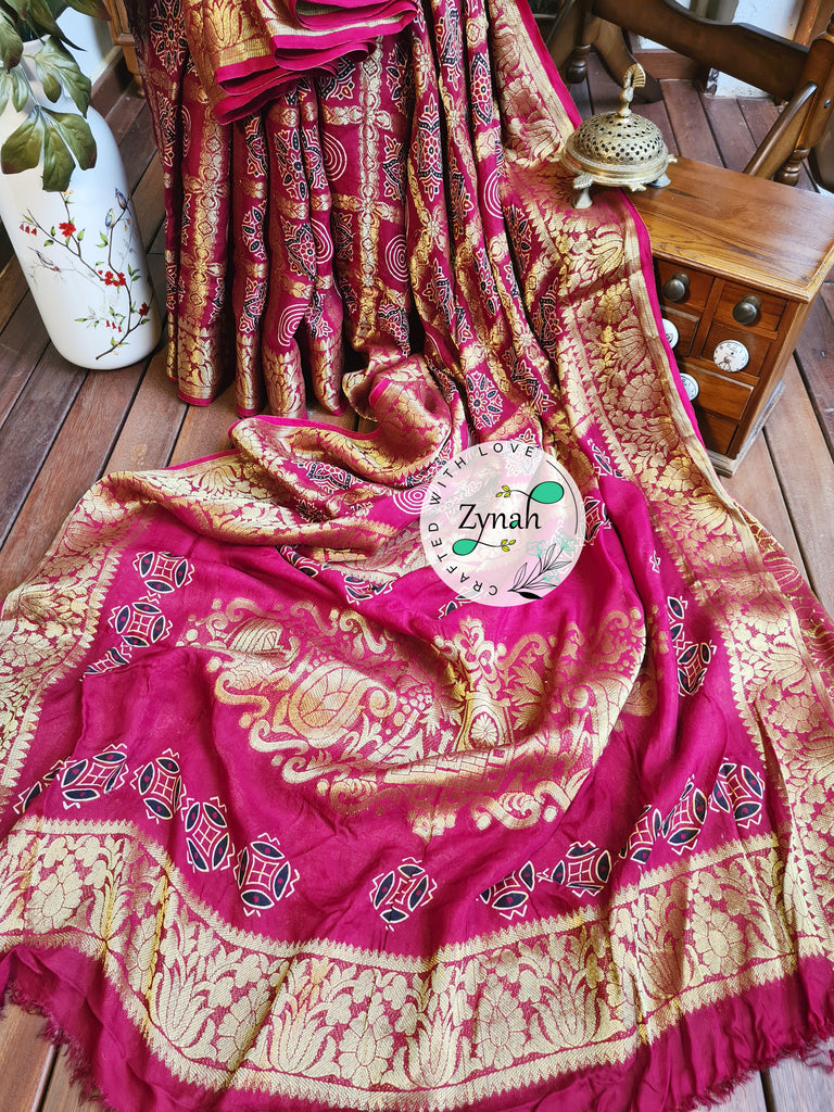 Zynah Pure Munga Silk Saree with Ajrakh Prints & Gharchola Zari Weave; Custom Stitched/Ready-made Blouse, Fall, Petticoat; Shipping available USA, Worldwide