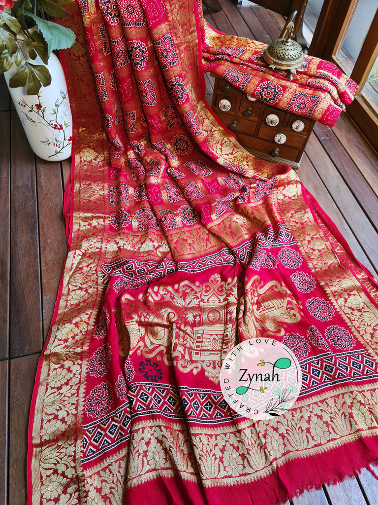 Zynah Pure Munga Silk Saree with Ajrakh Prints & Gharchola Zari Weave; Custom Stitched/Ready-made Blouse, Fall, Petticoat; Shipping available USA, Worldwide