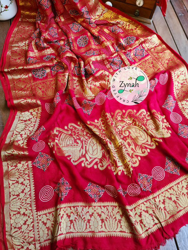 Zynah Pure Munga Silk Saree with Ajrakh Prints & Gharchola Zari Weave; Custom Stitched/Ready-made Blouse, Fall, Petticoat; Shipping available USA, Worldwide