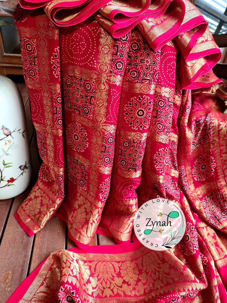 Zynah Pure Munga Silk Saree with Ajrakh Prints & Gharchola Zari Weave; Custom Stitched/Ready-made Blouse, Fall, Petticoat; Shipping available USA, Worldwide