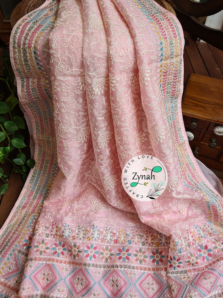 Zynah Pure Organza Silk Saree with Kantha Style Embroidery; Custom Stitched/Ready-made Blouse, Fall, Petticoat; Shipping available USA, Worldwide
