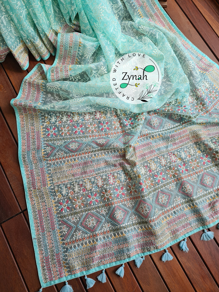 Zynah Powder Blue Color Pure Organza Silk Saree with Kantha Stitch & Chikankari Inspired Embroidery; Custom Stitched/Ready-made Blouse, Fall, Petticoat; Shipping available USA, Worldwide