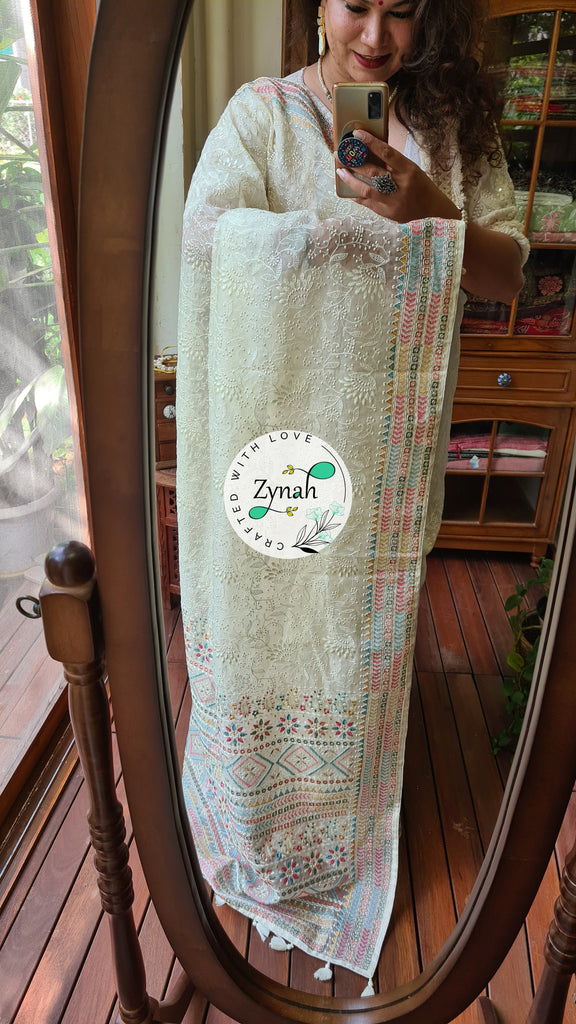 Zynah Off-white Color Pure Organza Silk Saree with Kantha Style Embroidery; Custom Stitched/Ready-made Blouse, Fall, Petticoat; Shipping available USA, Worldwide