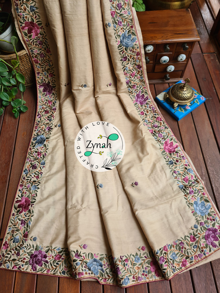 Zynah Beige Color Pure Tussar Silk Parsi Gara Handcrafted Saree; Custom Stitched/Ready-made Blouse, Fall, Petticoat; Shipping available USA, Worldwide