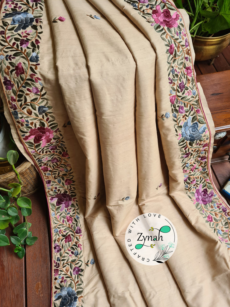 Zynah Beige Color Pure Tussar Silk Parsi Gara Handcrafted Saree; Custom Stitched/Ready-made Blouse, Fall, Petticoat; Shipping available USA, Worldwide
