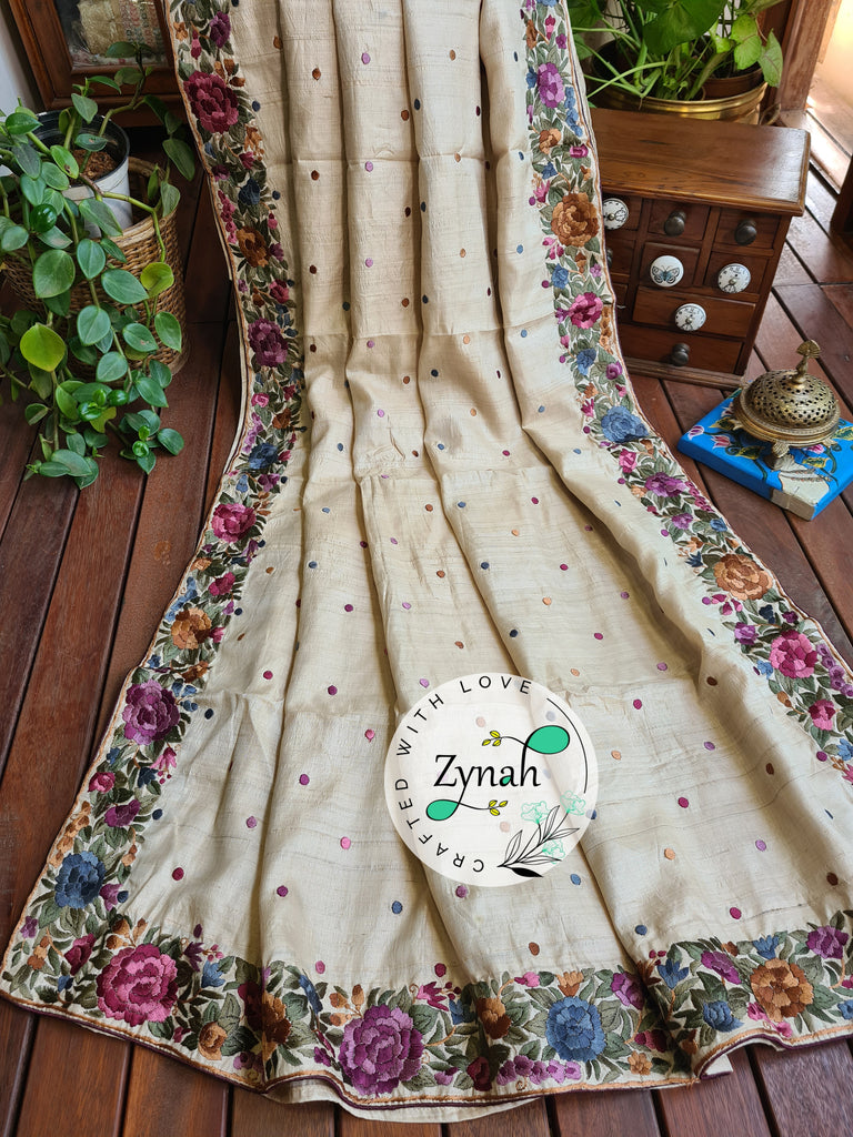 Zynah Off-white Color Made to Order Pure Tussar Silk Parsi Gara Handcrafted Saree; Custom Stitched/Ready-made Blouse, Fall, Petticoat; Shipping available USA, Worldwide