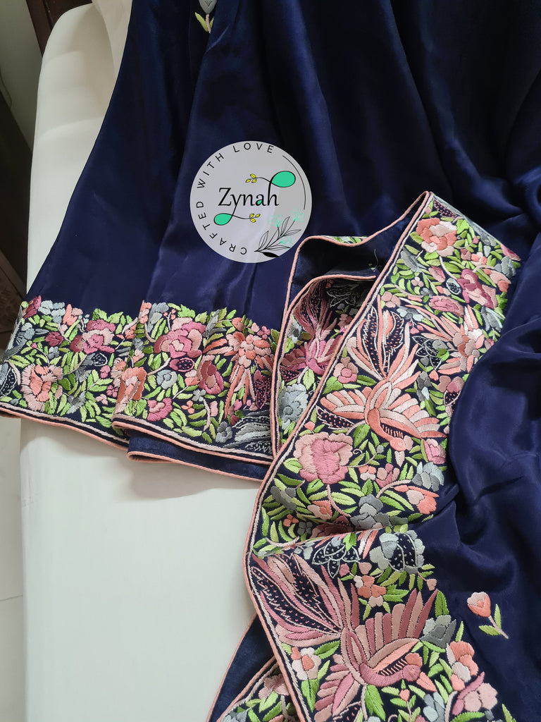 Zynah Blue Color Made to Order Pure Crepe Silk Parsi Gara Handcrafted Saree; Custom Stitched/Ready-made Blouse, Fall, Petticoat; Shipping available USA, Worldwide