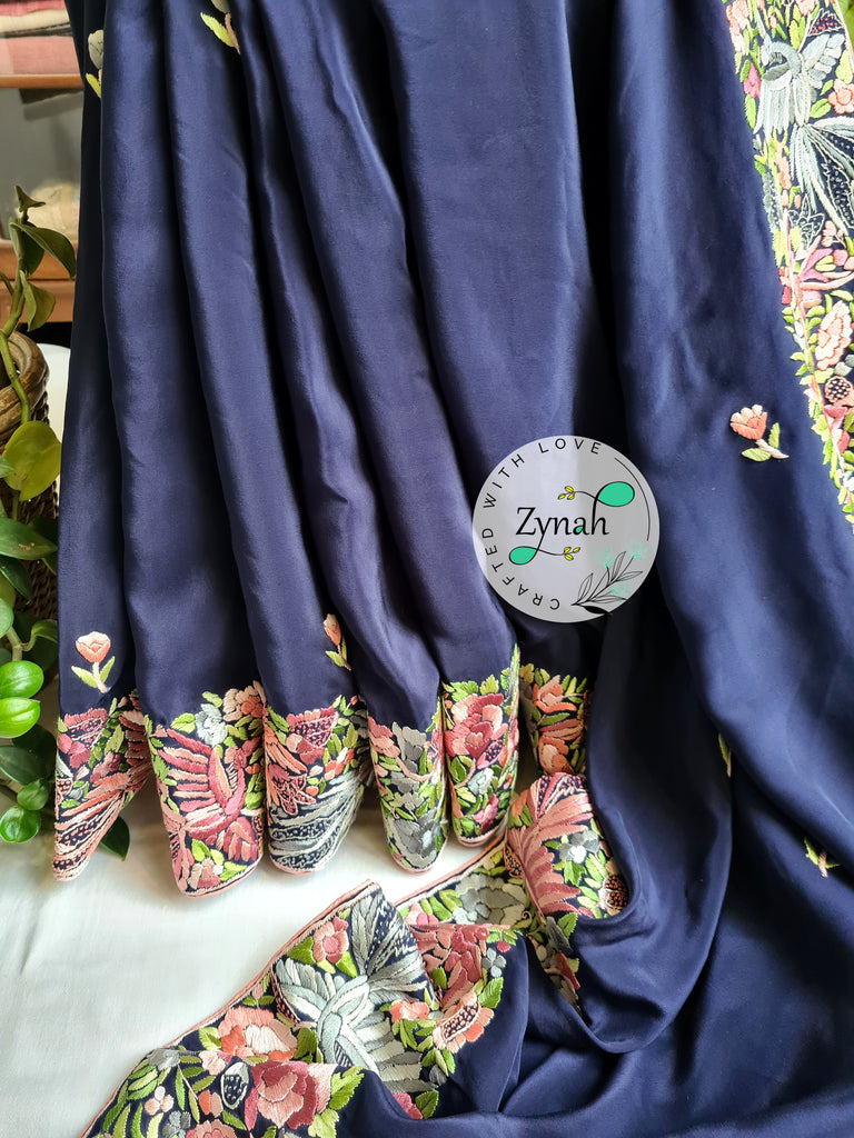 Zynah Blue Color Made to Order Pure Crepe Silk Parsi Gara Handcrafted Saree; Custom Stitched/Ready-made Blouse, Fall, Petticoat; Shipping available USA, Worldwide