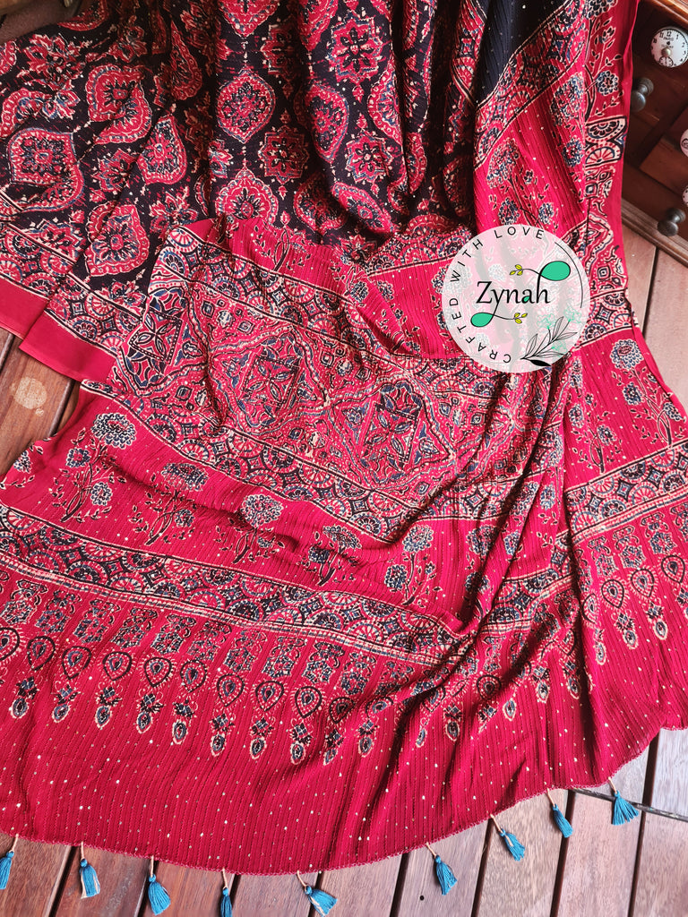 Zynah Black & Red Color Pure Georgette Sequence Work Saree with Ajrakh Handblock Prints; Custom Stitched/Ready-made Blouse, Fall, Petticoat; Shipping available USA, Worldwide