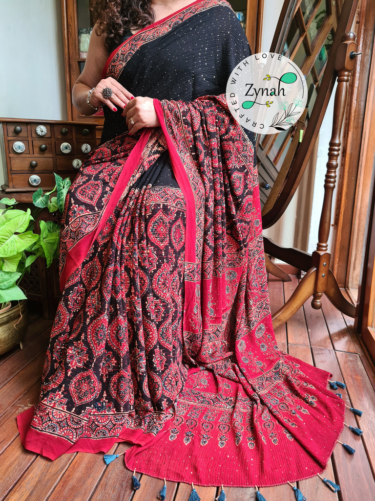 Zynah Black & Red Color Pure Georgette Sequence Work Saree with Ajrakh Handblock Prints; Custom Stitched/Ready-made Blouse, Fall, Petticoat; Shipping available USA, Worldwide