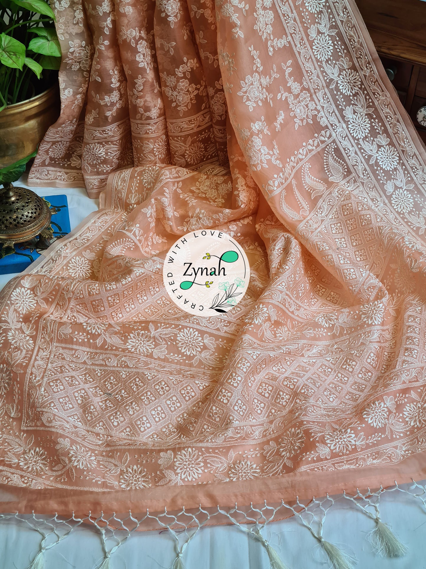 Zynah Peach Color Pure Organza Chikankari Saree in Pastel Shade; Custom Stitched/Ready-made Blouse, Fall, Petticoat; Shipping available USA, Worldwide