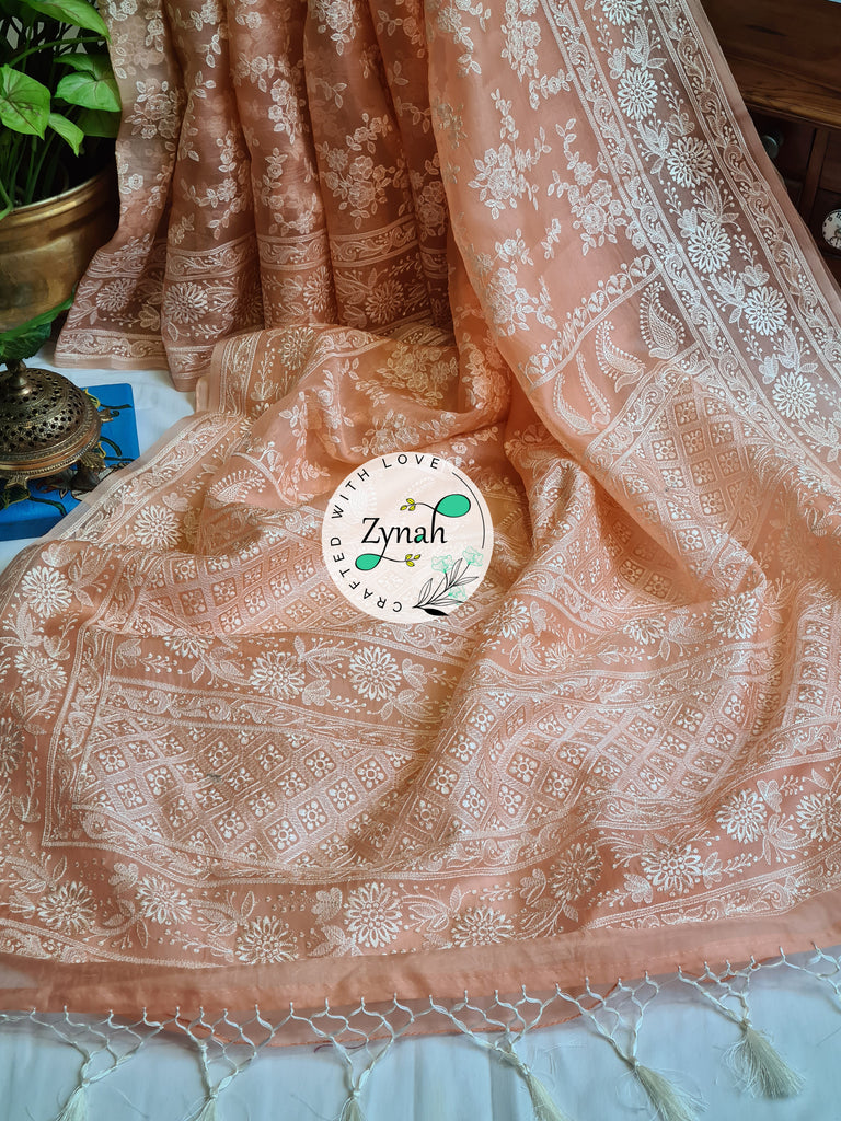 Zynah Peach Color Pure Organza Chikankari Saree in Pastel Shade; Custom Stitched/Ready-made Blouse, Fall, Petticoat; Shipping available USA, Worldwide