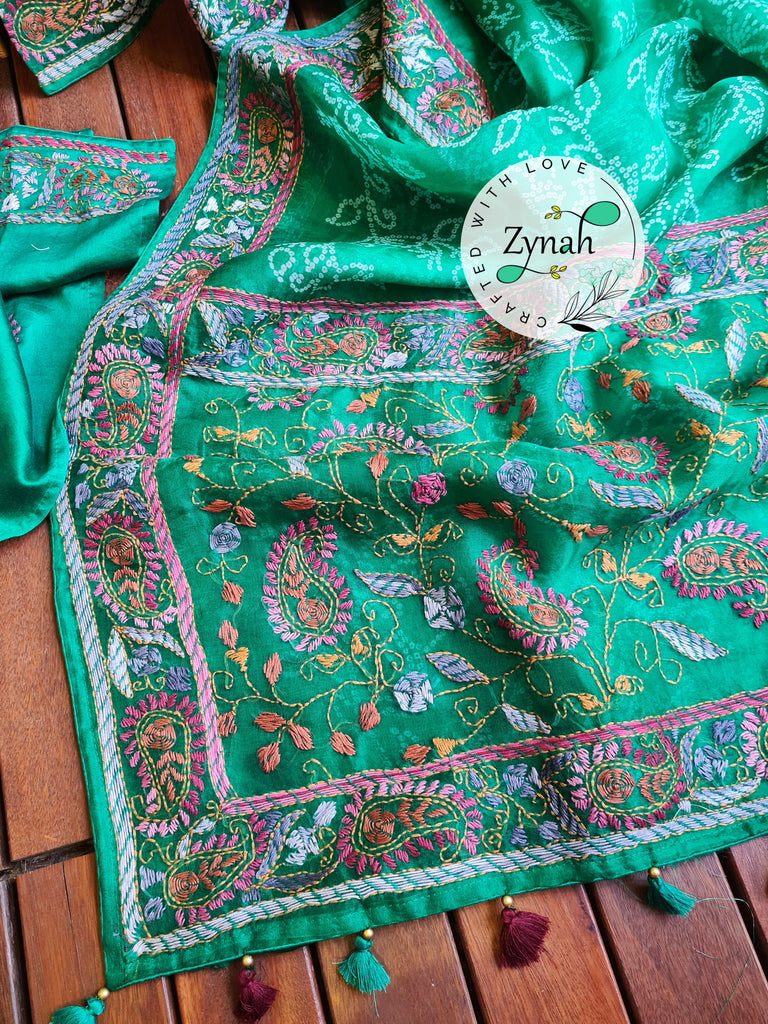 Zynah Green Color Pure Organza Silk Saree with Bandhani Prints & Kantha Embroidery; Custom Stitched/Ready-made Blouse, Fall, Petticoat; Shipping available USA, Worldwide