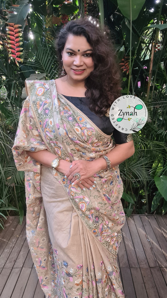 Zynah Tussar Color Pure Tussar Silk Parsi Gara Inspired Embroidery Saree; Custom Stitched/Ready-made Blouse, Fall, Petticoat; Shipping available USA, Worldwide