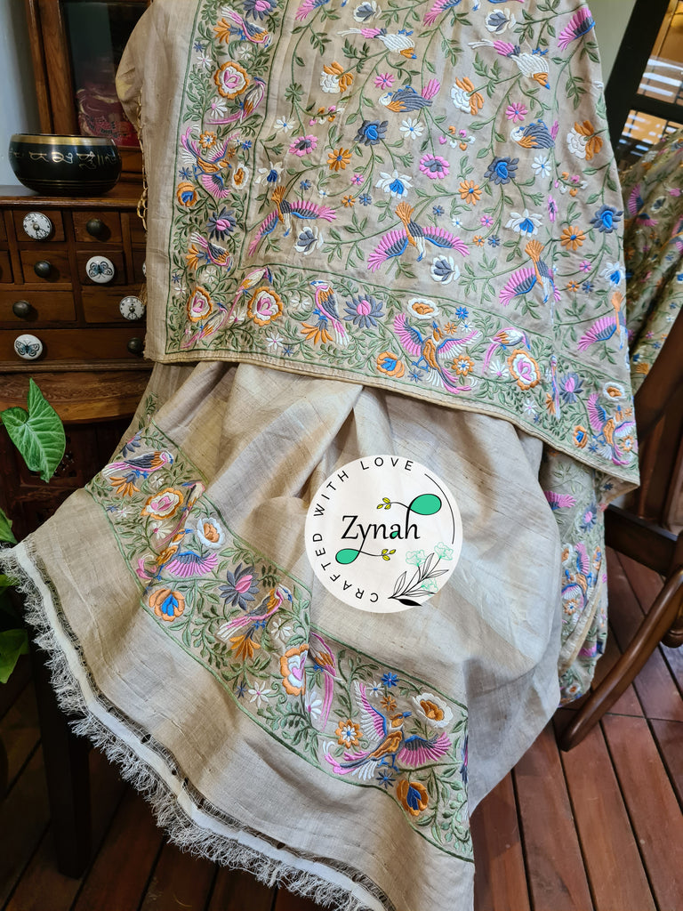 Zynah Tussar Color Pure Tussar Silk Parsi Gara Inspired Embroidery Saree; Custom Stitched/Ready-made Blouse, Fall, Petticoat; Shipping available USA, Worldwide