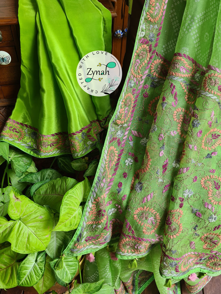 Zynah Light Green Color Pure Organza Silk Saree with Bandhani Prints & Kantha Embroidery; Custom Stitched/Ready-made Blouse, Fall, Petticoat; Shipping available USA, Worldwide