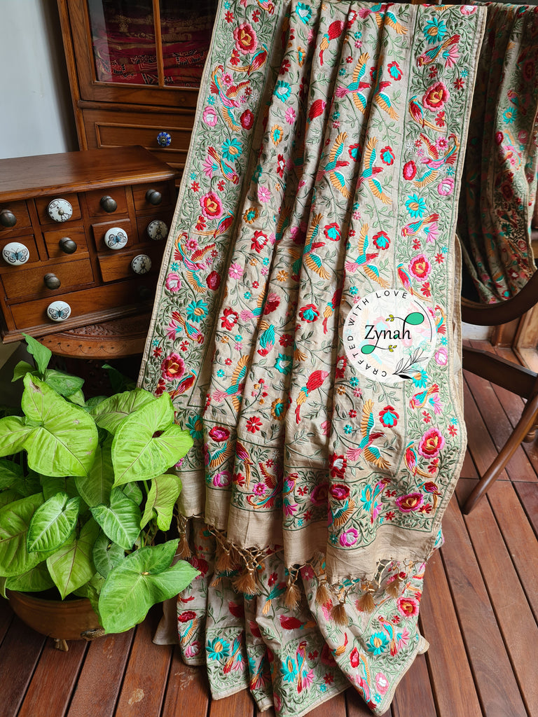 Zynah Tussar Color 2 Pure Tussar Silk Parsi Gara Inspired Embroidery Saree; Custom Stitched/Ready-made Blouse, Fall, Petticoat; Shipping available USA, Worldwide