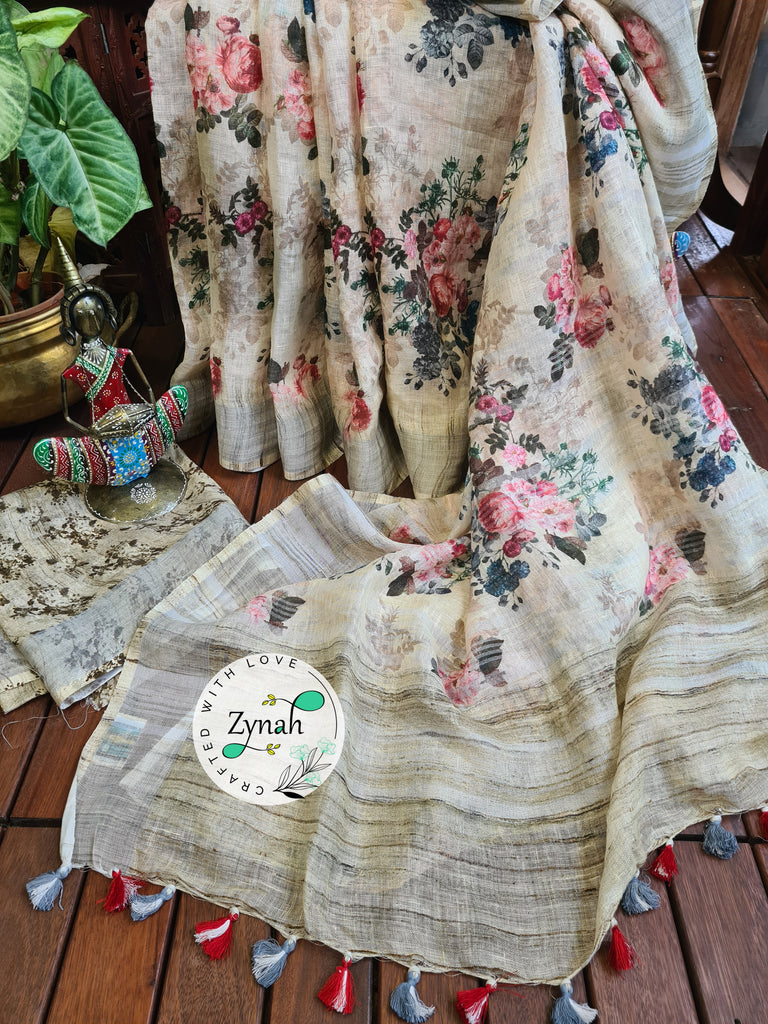 Zynah Off-white Color Organic Pure Linen by Linen(120c) Saree with Digital Floral Prints & Zari Border; Custom Stitched/Ready-made Blouse, Fall, Petticoat; Shipping available USA, Worldwide