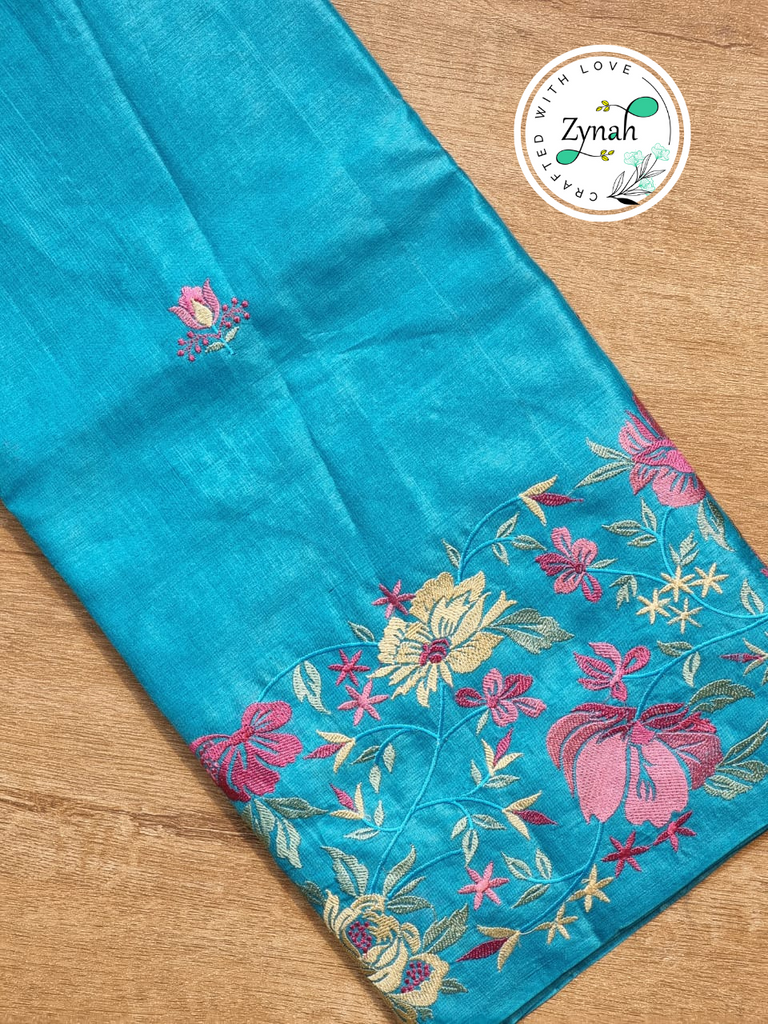 Zynah Blue Color Pure Tussar Silk Embroidered Saree with Vibrant Tassels; Custom Stitched/Ready-made Blouse, Fall, Petticoat; Shipping available USA, Worldwide
