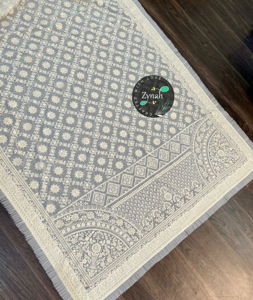 Zynah Pure Georgette Chikankari Saree with Cut-work border; Custom Stitched/Ready-made Blouse, Fall, Petticoat; Shipping available USA, Worldwide