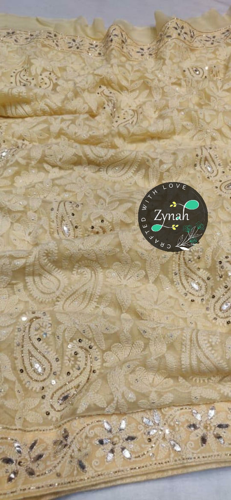 Zynah Pure Georgette Saree, Chikankari with Gotapatti Cut-work; Custom Stitched/Ready-made Blouse, Fall, Petticoat; Shipping available USA, Worldwide