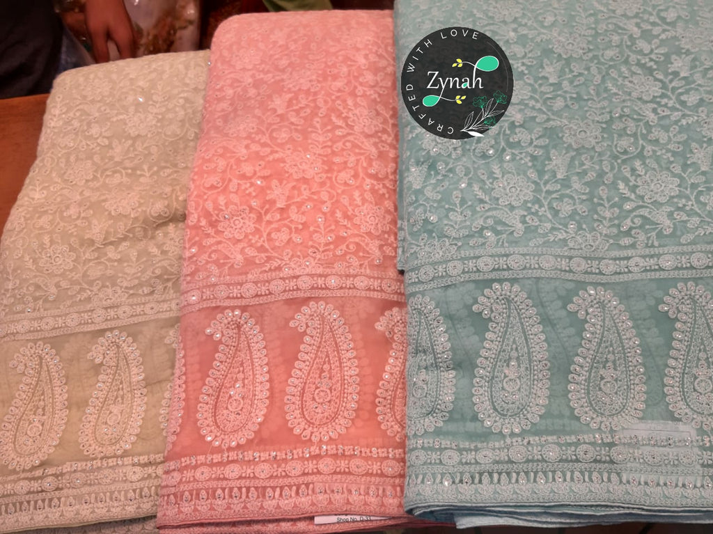 Zynah Pure Georgette Chikankari Saree with Sequence Work; Custom Stitched/Ready-made Blouse, Fall, Petticoat; Shipping available USA, Worldwide