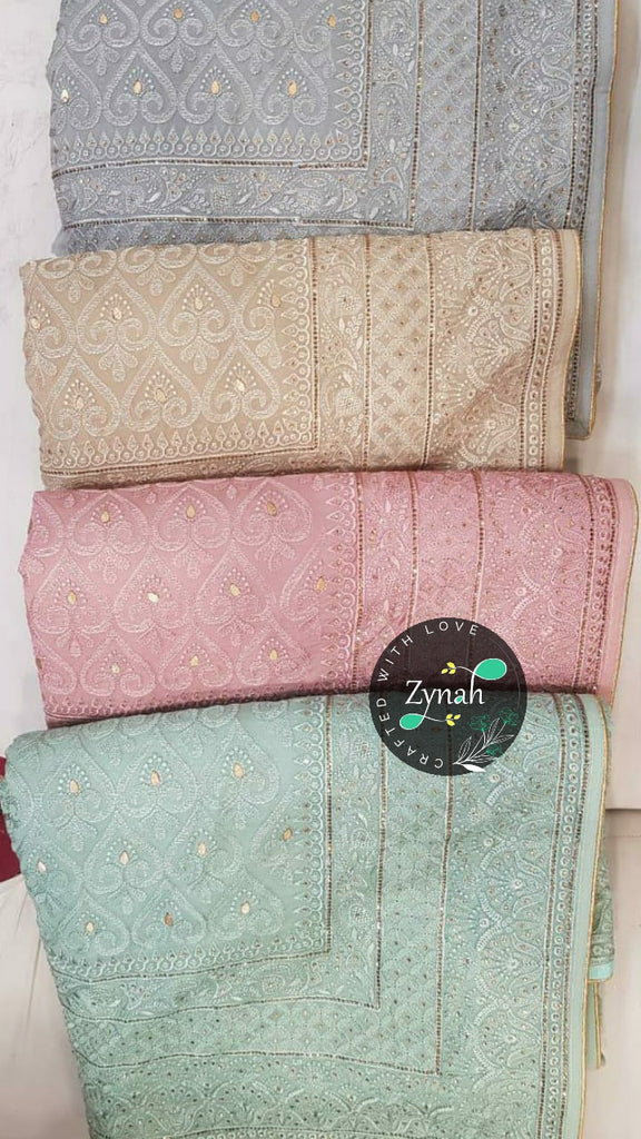 Zynah Pure Georgette Saree with Chikankari & Gotapatti Cut-work; Custom Stitched/Ready-made Blouse, Fall, Petticoat; Shipping available USA, Worldwide